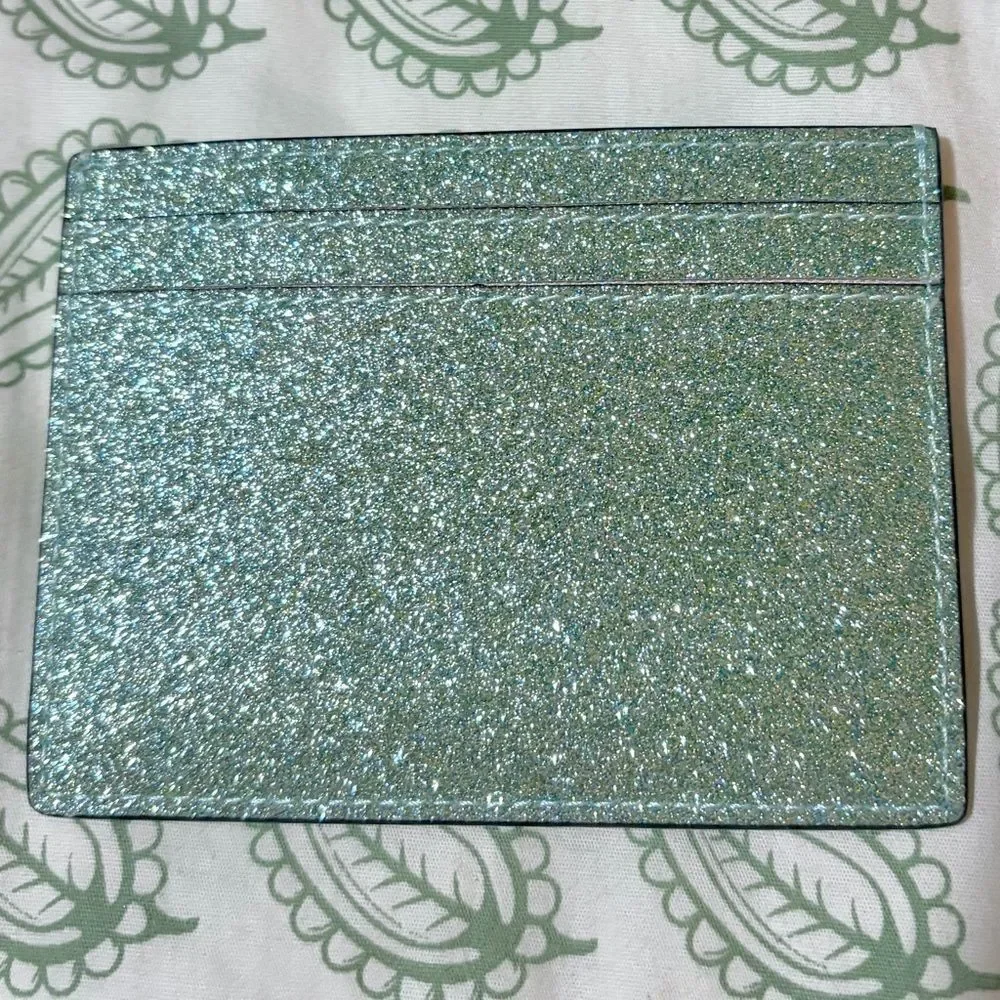 Kate Spade New York Sparkle Kenzie Glitter Card Case Seawater Mint Green OS NIB